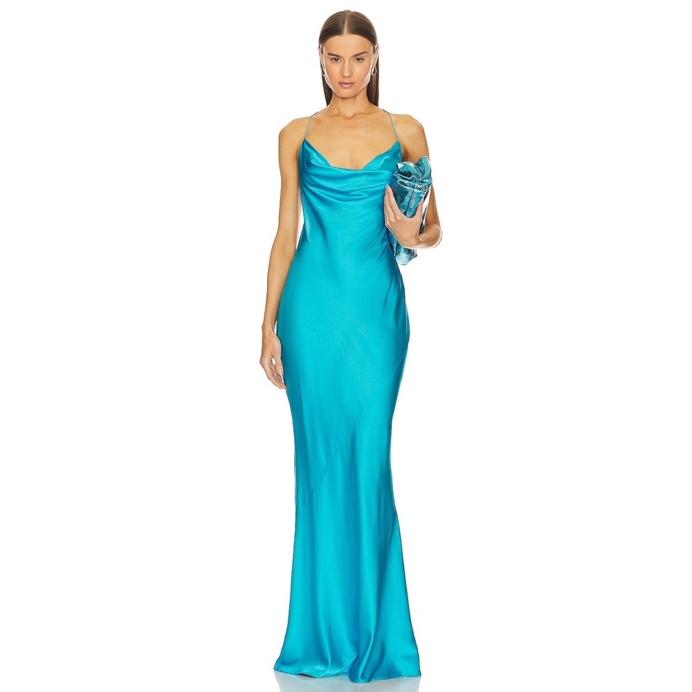 NWT SER.O.YA Massimo Silk Gown in Neon Holographic Turquoise - Size S